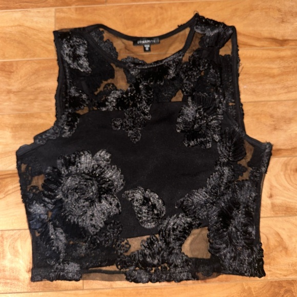 Dynamite Black Mesh Top with Floral Embroidery - Picture 4 of 5